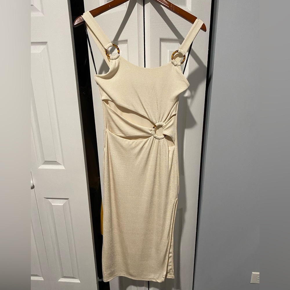 Cream colored midi dress with thigh slit